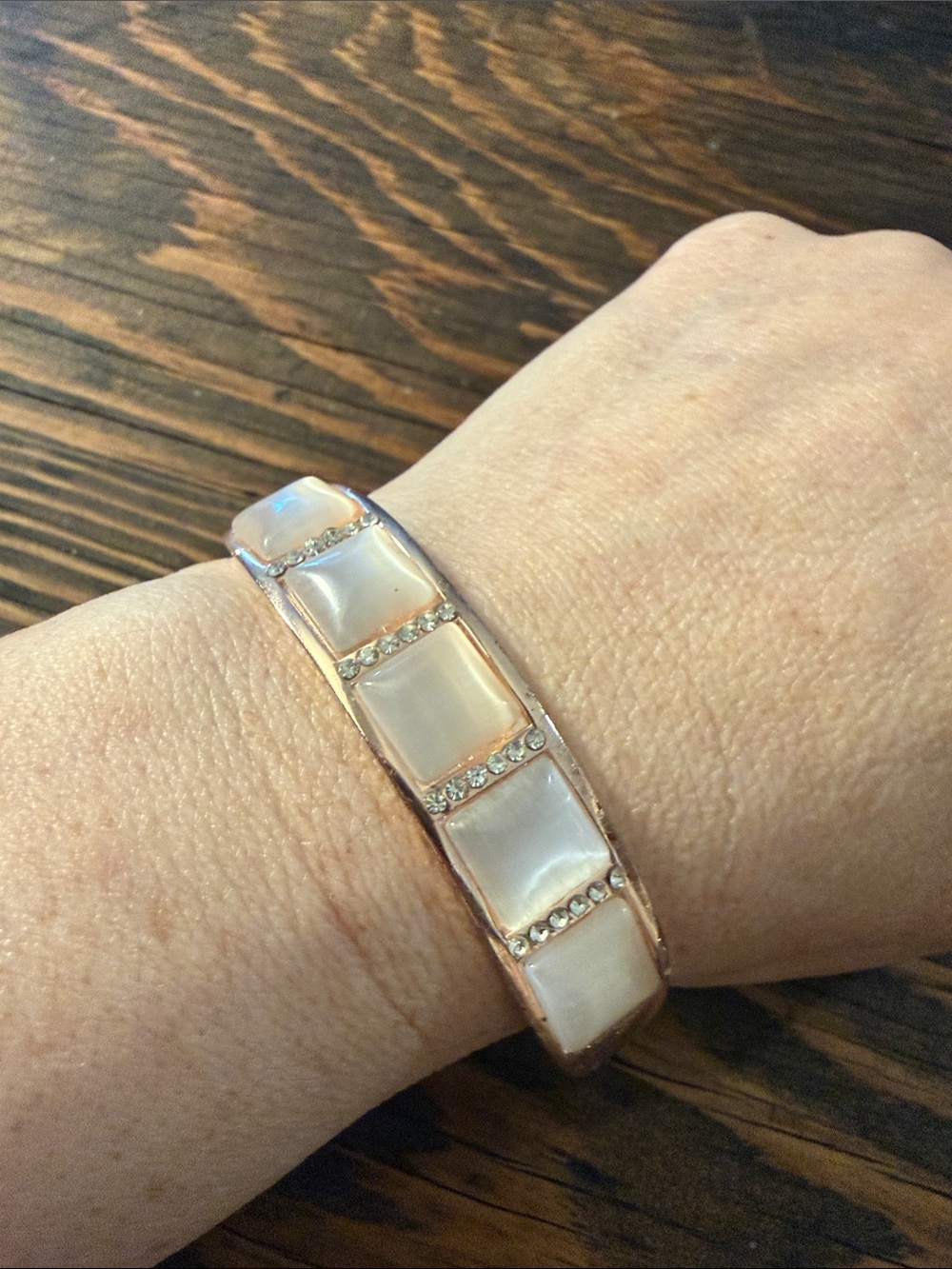 Gold Plated Rose Gold Tone Bracelet with Square White Stones